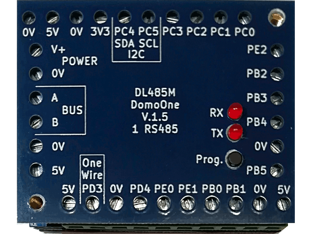 DL485M - Scheda di espansione con bus DL485 e protocollo DANBUS. 12 IO, I2C, OneWire - Completo di contenitore