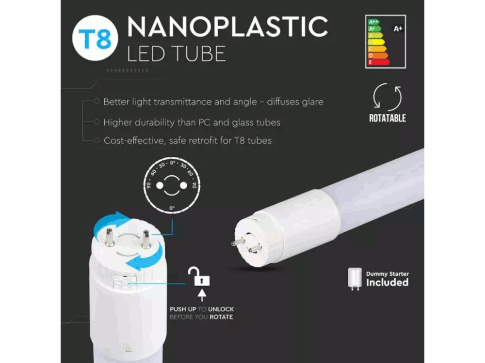 Tubo LED Chip Samsung T8 10W A++ G13 60cm In Nanoplastica Ruotabile 6400K - 1100 LUMEN