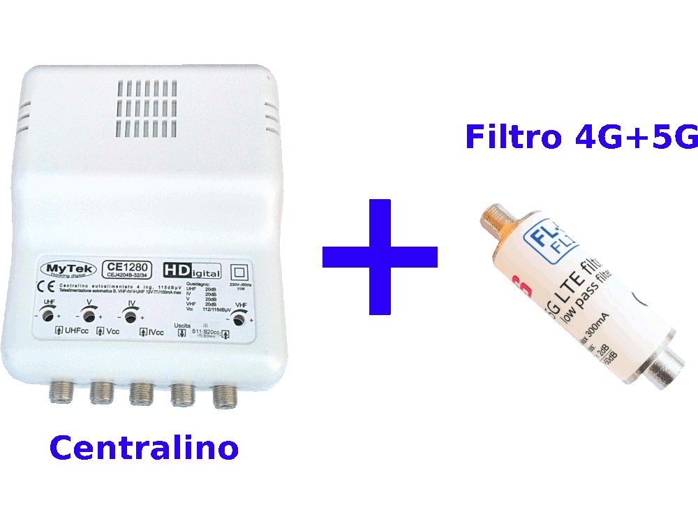 Centralino 4 ing VHF  -  21:32  -  34:69  -  UHF 20dB 4 Reg. 112/115dBuV - Telealim. automatica + Filtro 4G+5G