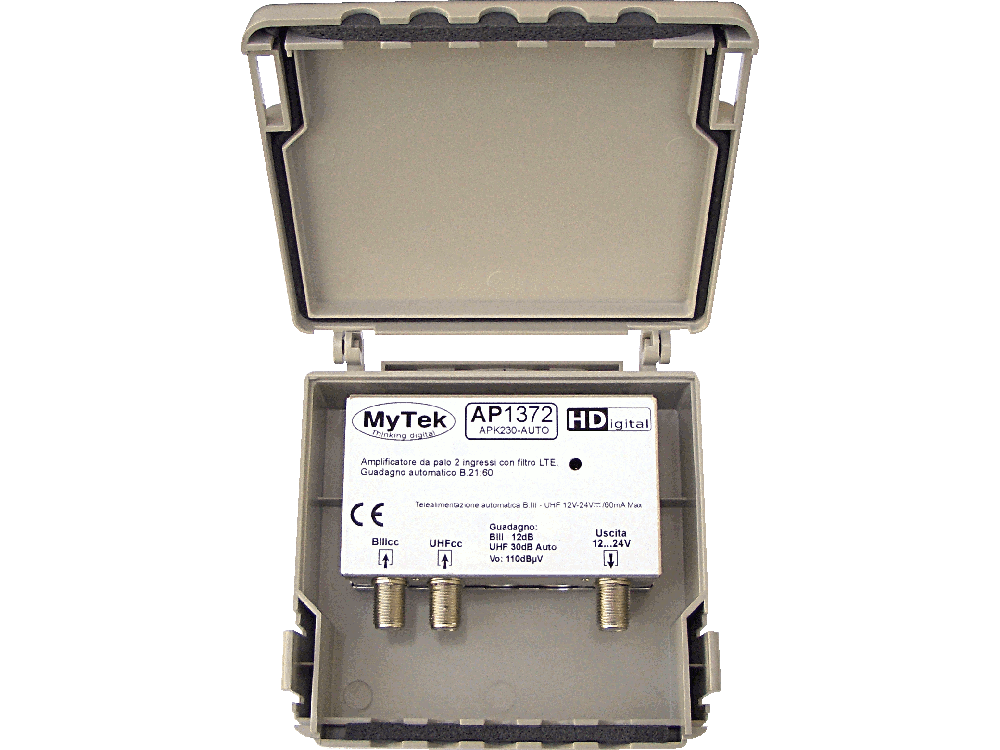 Amplificatore da palo 2 ing III 12dB  -  21:48 30dB a guadagno AUTOMATICO 110dBuV - Telealimentazione automatica