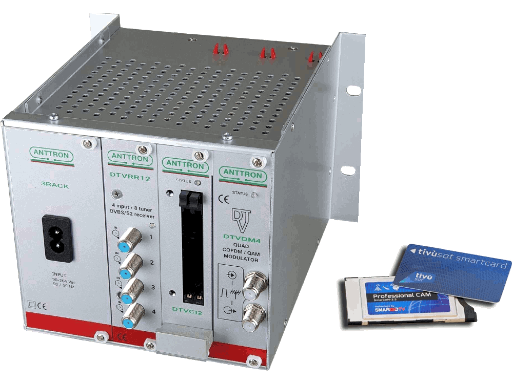 Centrale Transmodulazione 8 transponder SAT DVB-S/S2 in 4 MUX DVB-T/T2 con 1 CAM + 1 CARD TIVUSAT professionale