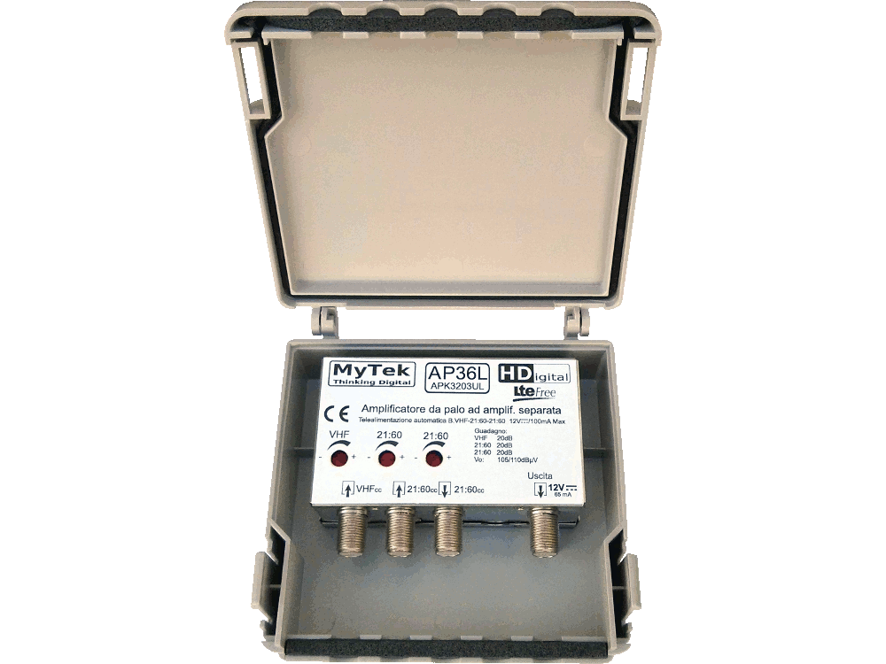 Amplificatore da palo 3 ing III  -  21:60  -  21:60 20dB 3R 105/110dBuV con filtro LTE - Telealim. automatica