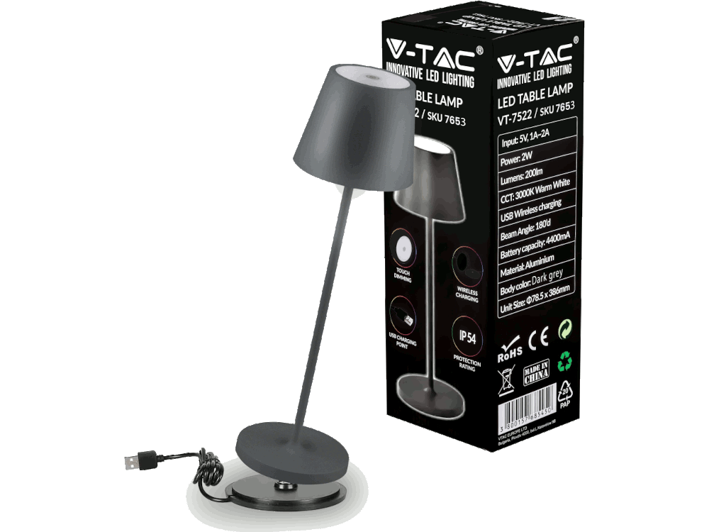 Led 2W Table Lamp(4400Ma Battery) 3000K Ip54 Grey Body