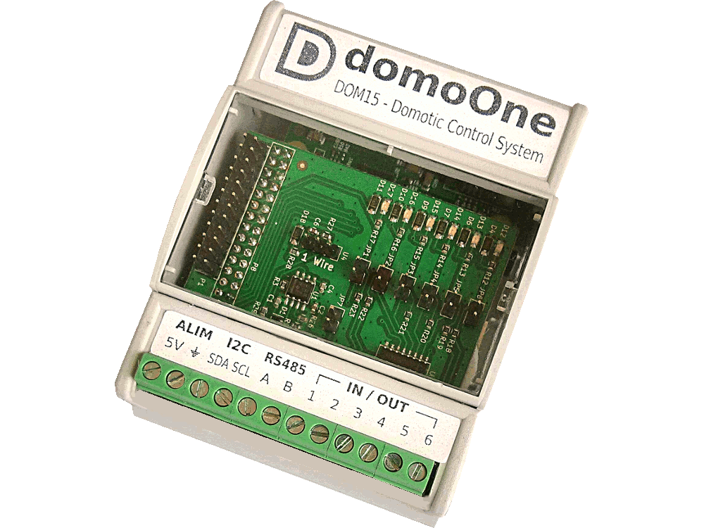 Sistema Domotico DOMO-ONE.  RS485, I2C, OneWire, 6 IN/OUT, DC OUT su scatola DIN 4 moduli. Basato su Domoticz