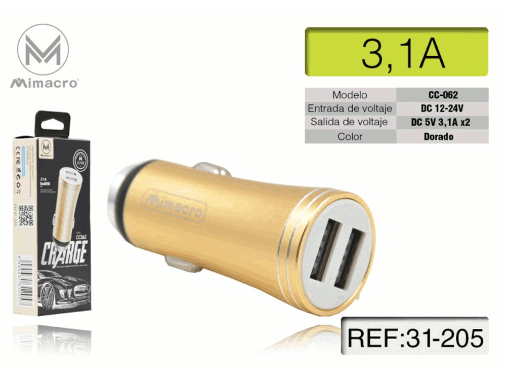 Caricabatterie da auto ad alta corrente con 2 uscite USB 5V 3.1A - Color Oro