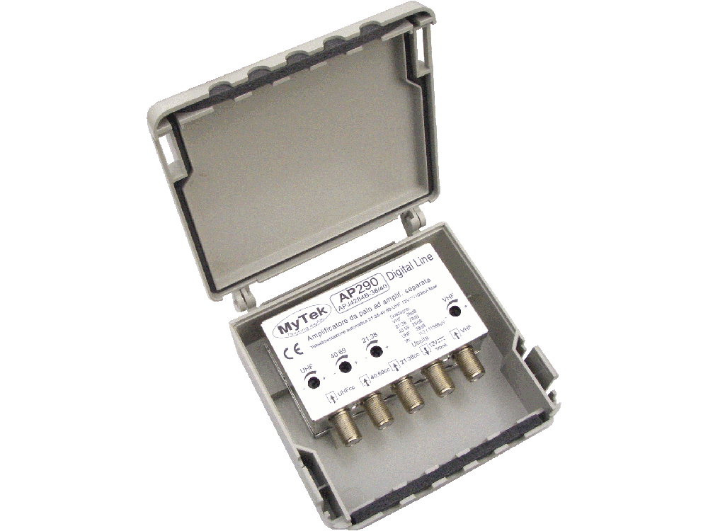 Amplificatore da palo 4 ing VHF  -  21:34  -  36:69  -  UHF 20dB 4R 112/115dBuV - Telealim. auto. - Filtro 4+5G in omaggio