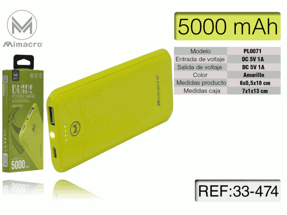 Power bank 5000mA 5V  Super Slim Giallo Verde